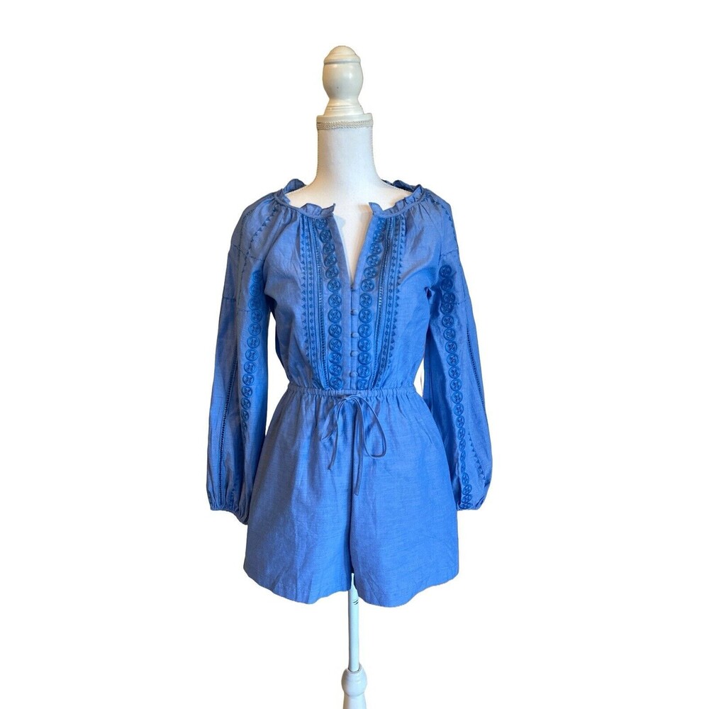 NWT Parker Women's S Blue Chambray Long Sleeve Shorts Romper Popover